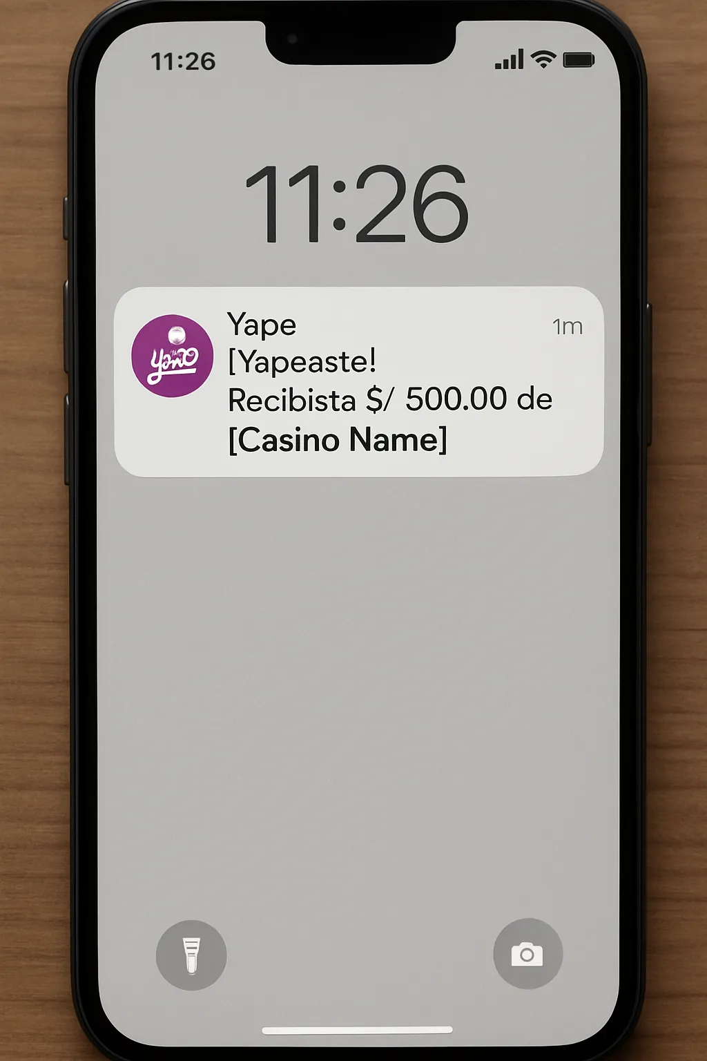 Notificación Yape confirmando recepción de S/ 500 desde casino