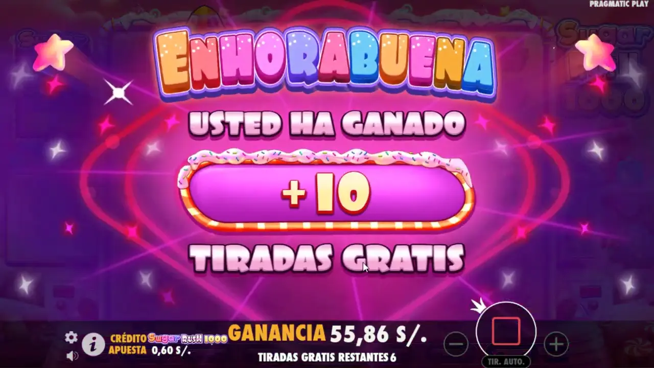 +10 Tiradas Gratis ganadas en Sugar Rush 1000