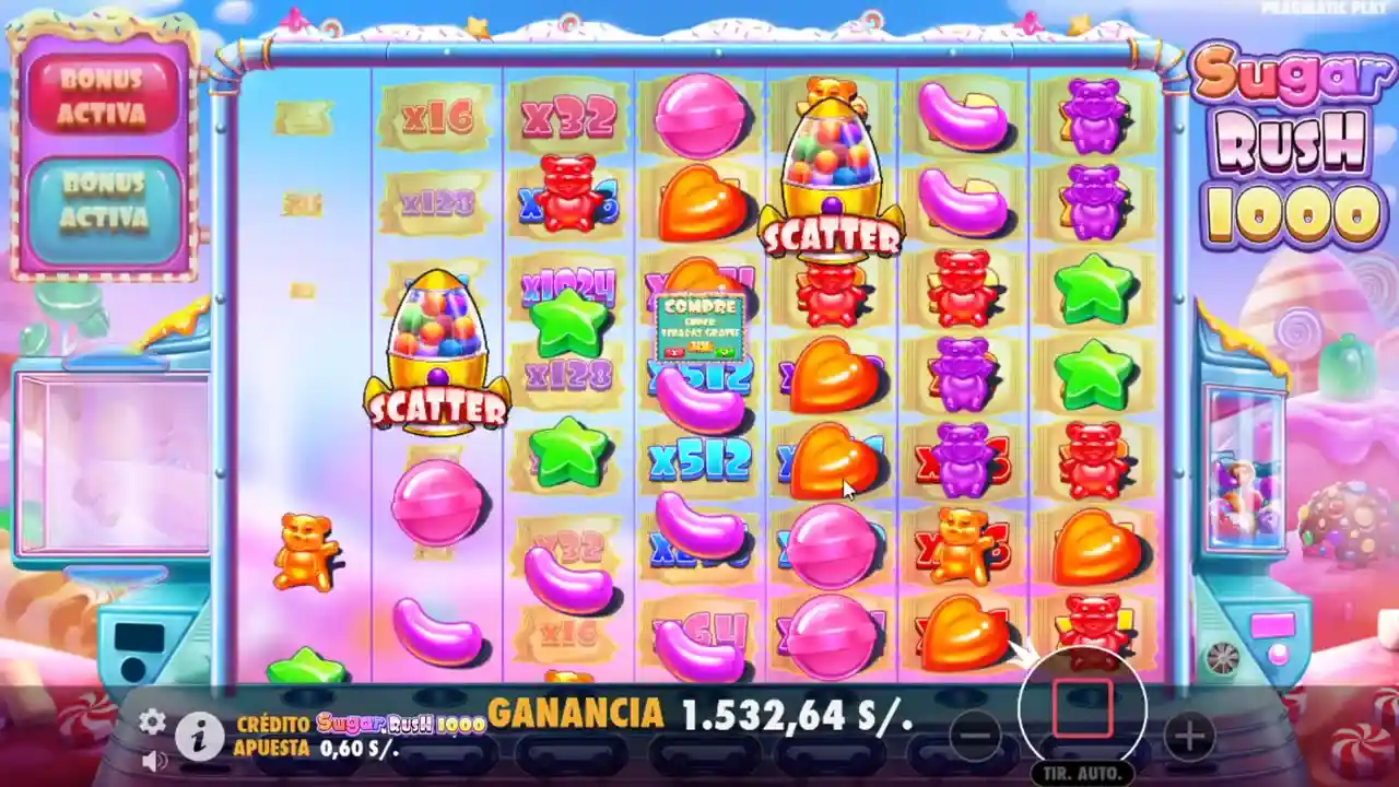 Multiplicador máximo con múltiples scatters en Sugar Rush 1000 - Ganancia de 1,532.64 soles