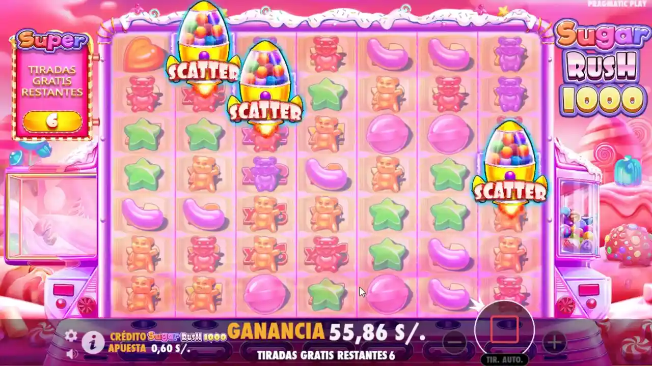 3 símbolos Scatter apareciendo en el juego base de Sugar Rush 1000