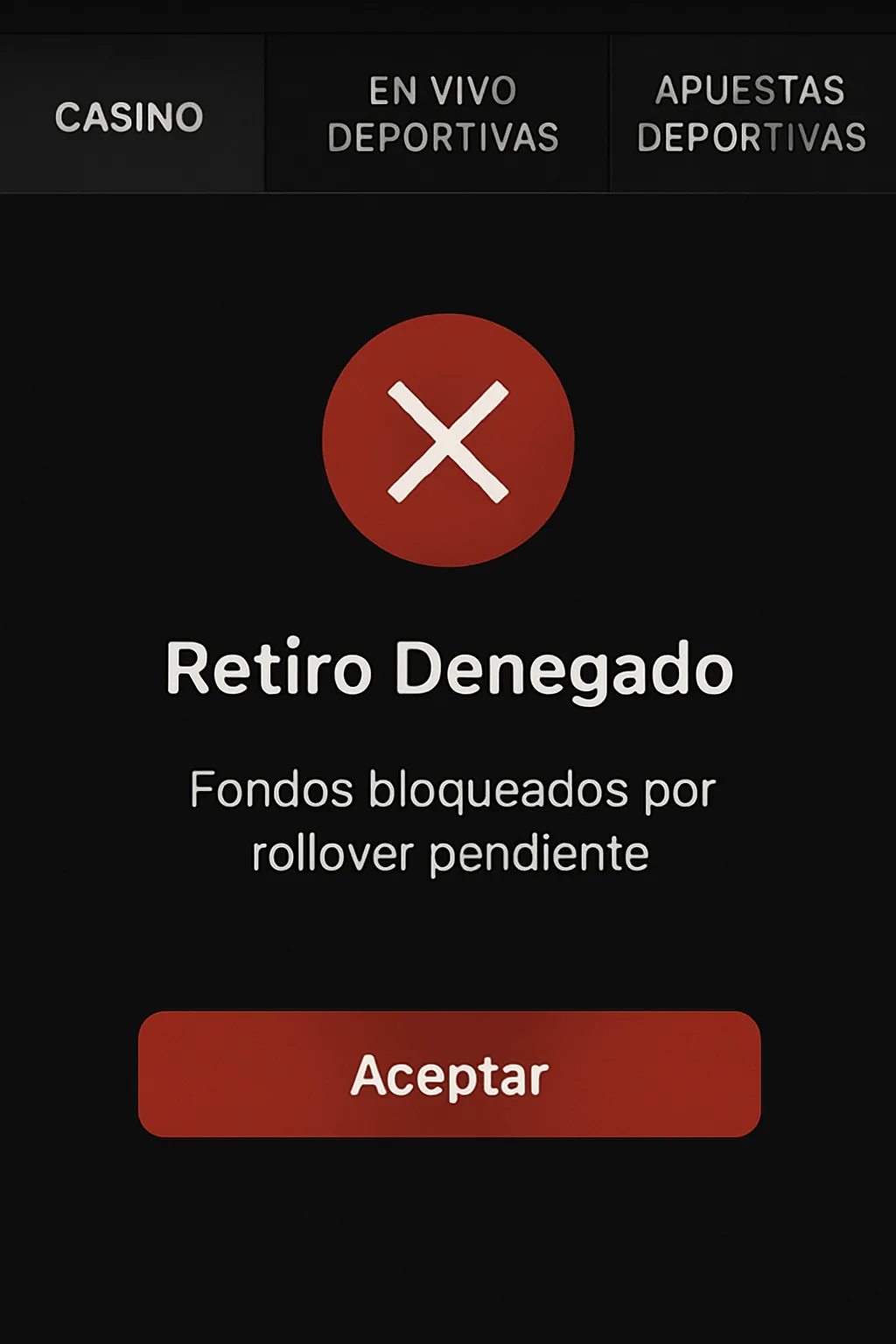Retiro denegado en casino por rollover pendiente de bono