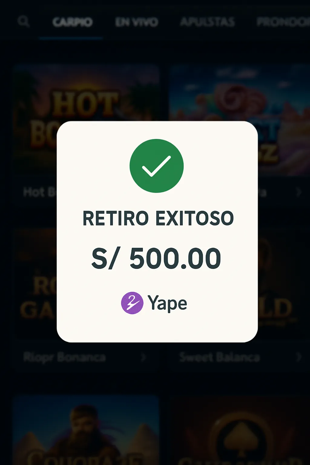 Retiro exitoso de S/ 500 a Yape desde casino online en Perú