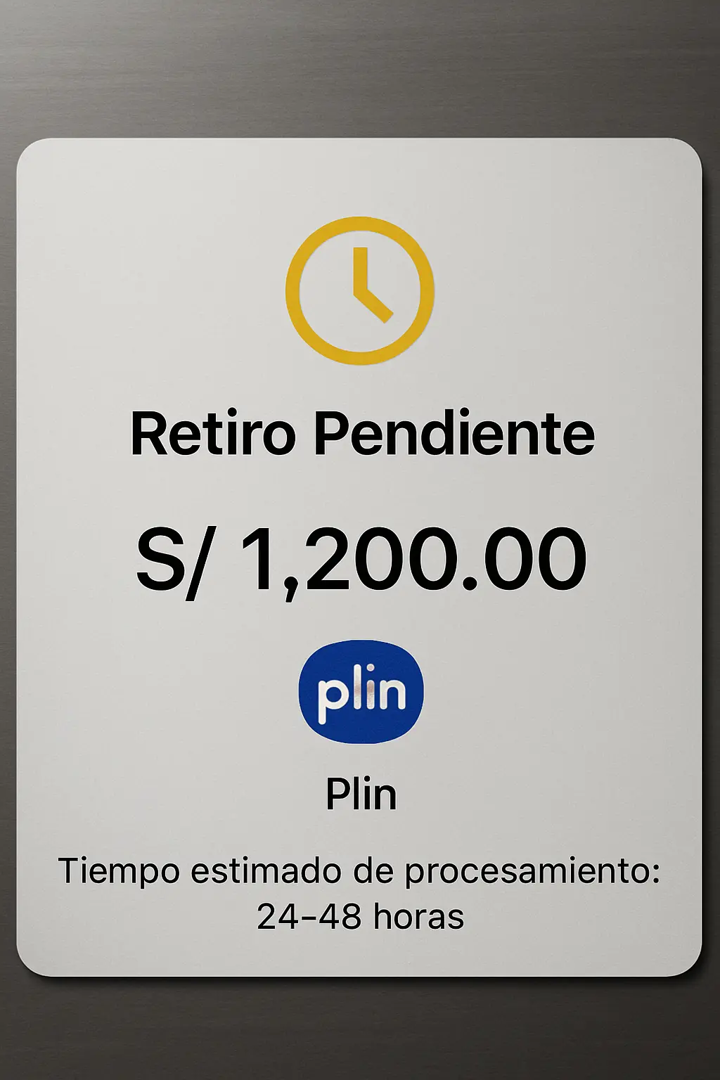 Retiro pendiente con Plin mostrando tiempo estimado de 24-48 horas